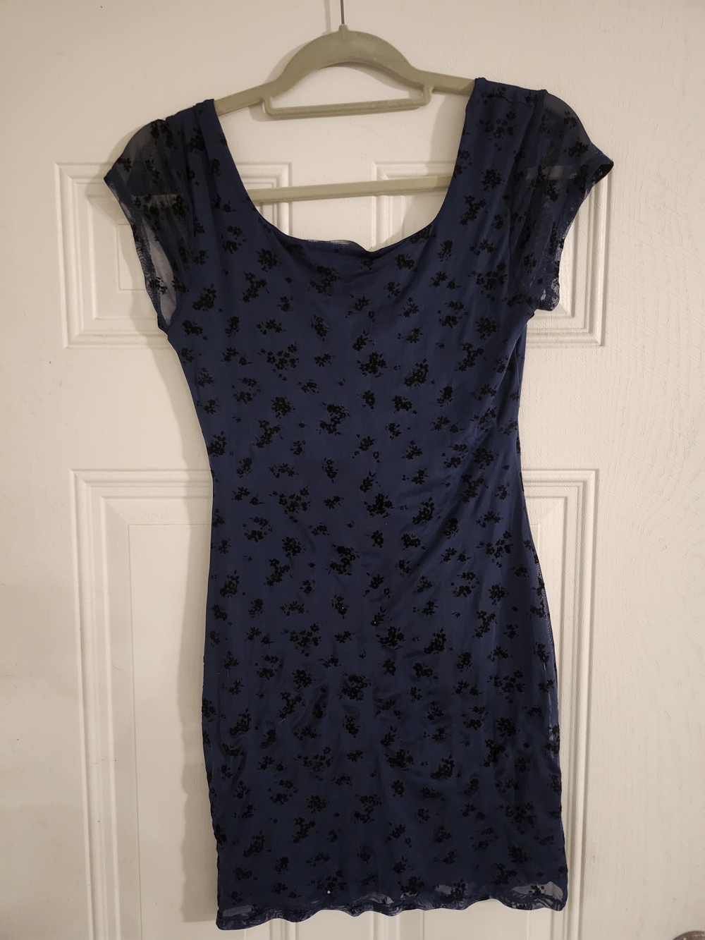 VIBE Navy Blue Black Flocked Floral Mesh Mini Dress Size M